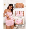 image:imageSWOMOG Womens 4pcs Pajamas Sets Silk Satin Pjs Sexy Cami Shorts Set Button Down Long Short Sleeve Sleepwear LoungewearPink