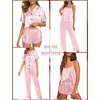image:imageSWOMOG Womens 4pcs Pajamas Sets Silk Satin Pjs Sexy Cami Shorts Set Button Down Long Short Sleeve Sleepwear LoungewearPink