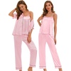 image:imageSWOMOG Womens 4pcs Pajamas Sets Silk Satin Pjs Sexy Cami Shorts Set Button Down Long Short Sleeve Sleepwear LoungewearPink
