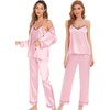 image:imageSWOMOG Womens 4pcs Pajamas Sets Silk Satin Pjs Sexy Cami Shorts Set Button Down Long Short Sleeve Sleepwear LoungewearPink