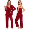 image:imageSWOMOG Womens 4pcs Pajamas Sets Silk Satin Pjs Sexy Cami Shorts Set Button Down Long Short Sleeve Sleepwear LoungewearRed