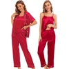 image:imageSWOMOG Womens 4pcs Pajamas Sets Silk Satin Pjs Sexy Cami Shorts Set Button Down Long Short Sleeve Sleepwear LoungewearRed