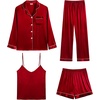 image:imageSWOMOG Womens 4pcs Pajamas Sets Silk Satin Pjs Sexy Cami Shorts Set Button Down Long Short Sleeve Sleepwear LoungewearRed