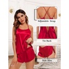 image:imageSWOMOG Womens 4pcs Pajamas Sets Silk Satin Pjs Sexy Cami Shorts Set Button Down Long Short Sleeve Sleepwear LoungewearRed