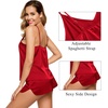 image:imageSWOMOG Womens 4pcs Pajamas Sets Silk Satin Pjs Sexy Cami Shorts Set Button Down Long Short Sleeve Sleepwear LoungewearRed