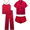image:imageSWOMOG Womens 4pcs Pajamas Sets Silk Satin Pjs Sexy Cami Shorts Set Button Down Long Short Sleeve Sleepwear LoungewearRed