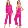 image:imageSWOMOG Womens 4pcs Pajamas Sets Silk Satin Pjs Sexy Cami Shorts Set Button Down Long Short Sleeve Sleepwear LoungewearRose Red