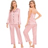 image:imageSWOMOG Womens 4pcs Pajamas Sets Silk Satin Pjs Sexy Cami Shorts Set Button Down Long Short Sleeve Sleepwear LoungewearSakura Pink