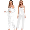 image:imageSWOMOG Womens 4pcs Pajamas Sets Silk Satin Pjs Sexy Cami Shorts Set Button Down Long Short Sleeve Sleepwear LoungewearWhite