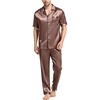 image:imageSWOMOG Mens Satin Pajama Set Short Sleeve Classic Sleepwear Button Down Silky Loungewear with Long PantsBrown