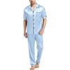 image:imageSWOMOG Mens Satin Pajama Set Short Sleeve Classic Sleepwear Button Down Silky Loungewear with Long PantsSky Blue