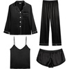 image:imageSWOMOG Womens 4pcs Pajamas Sets Silk Satin Pjs Sexy Cami Shorts Set Button Down Long Short Sleeve Sleepwear LoungewearBlack