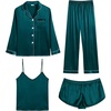 image:imageSWOMOG Womens 4pcs Pajamas Sets Silk Satin Pjs Sexy Cami Shorts Set Button Down Long Short Sleeve Sleepwear LoungewearDark Green