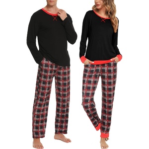 image:imageSWOMOG Couples Pajamas Set Women amp Men Long Sleeve Sleepwear Pjs Top Plaid Pants Loungewear Set with PocketsBlack  Black Plaid