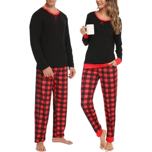 image:imageSWOMOG Couples Pajamas Set Women amp Men Long Sleeve Sleepwear Pjs Top Plaid Pants Loungewear Set with PocketsBlack  Red Plaid