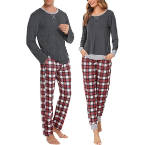 image:imageSWOMOG Couples Pajamas Set Women amp Men Long Sleeve Sleepwear Pjs Top Plaid Pants Loungewear Set with PocketsDeep Grey  Red Plaid