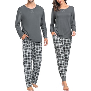 image:imageSWOMOG Couples Pajamas Set Women amp Men Long Sleeve Sleepwear Pjs Top Plaid Pants Loungewear Set with PocketsDeep Pure Grey
