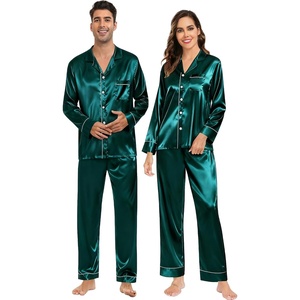 image:imageSWOMOG Couples Satin Pajamas Set Womens amp Mens Matching Silk Long Sleeve Sleepwear 2 Piece Button Down Pjs Set Lounge SetDeep Green
