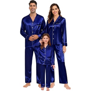image:imageSWOMOG Couples Satin Pajamas Set Womens amp Mens Matching Silk Long Sleeve Sleepwear 2 Piece Button Down Pjs Set Lounge SetDeep Navy Blue