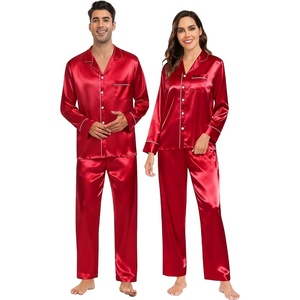 image:imageSWOMOG Couples Satin Pajamas Set Womens amp Mens Matching Silk Long Sleeve Sleepwear 2 Piece Button Down Pjs Set Lounge SetRed