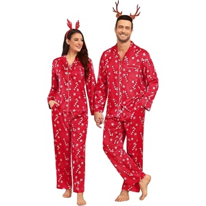 image:imageSWOMOG Couples Satin Pajamas Set Womens amp Mens Matching Silk Long Sleeve Sleepwear 2 Piece Button Down Pjs Set Lounge SetRed Candy