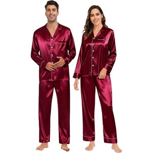 image:imageSWOMOG Couples Satin Pajamas Set Womens amp Mens Matching Silk Long Sleeve Sleepwear 2 Piece Button Down Pjs Set Lounge SetWine Red