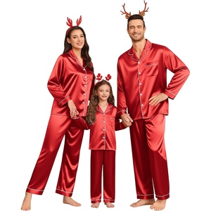 image:imageSWOMOG Family Matching Pajamas Set Silk Satin Button Down Sleepwear Long Sleeve Nightwear 2 Pcs Pj Set Men Cherry Red Large