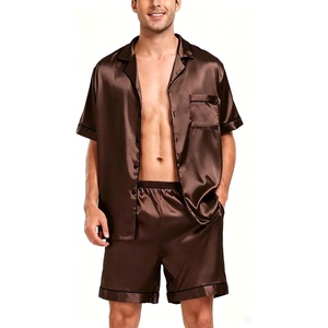 image:imageSWOMOG Men Satin Silk Pajamas Sets Short Sleeve Sleepwear ButtonDown PJs Sets TwoPieces Loungewear with PocketsBrown