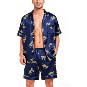 image:imageSWOMOG Men Satin Silk Pajamas Sets Short Sleeve Sleepwear ButtonDown PJs Sets TwoPieces Loungewear with PocketsNavy Bue Leopard