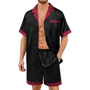 image:imageSWOMOG Mens Satin Pajamas Set Silk Pj Sets Short Sleeve Button Down 2 PCS Sleepwear with Drawstring amp Pockets S3XLBlack