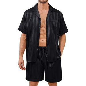 image:imageSWOMOG Mens Satin Pajamas Set Silk Pj Sets Short Sleeve Button Down 2 PCS Sleepwear with Drawstring amp Pockets S3XLBlack Stripe