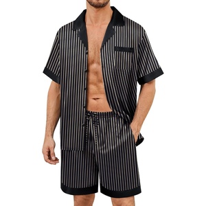 image:imageSWOMOG Mens Satin Pajamas Set Silk Pj Sets Short Sleeve Button Down 2 PCS Sleepwear with Drawstring amp Pockets S3XLBlack Stripe Gold