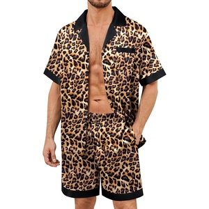 image:imageSWOMOG Mens Satin Pajamas Set Silk Pj Sets Short Sleeve Button Down 2 PCS Sleepwear with Drawstring amp Pockets S3XLLeopard Print