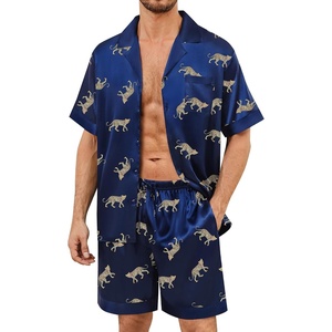 image:imageSWOMOG Mens Satin Pajamas Set Silk Pj Sets Short Sleeve Button Down 2 PCS Sleepwear with Drawstring amp Pockets S3XLNavy Blue Leopard