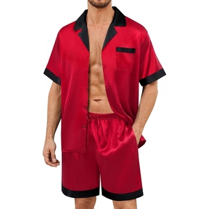 image:imageSWOMOG Mens Satin Pajamas Set Silk Pj Sets Short Sleeve Button Down 2 PCS Sleepwear with Drawstring amp Pockets S3XLRed