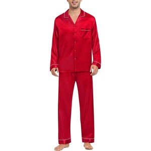 image:imageSWOMOG Mens Silk Pajamas Set Satin Long Sleeve Button Down 2 PCS Sleepwear V Neck Classic Loungewear Pjs with Long PantsAred