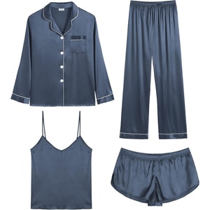 image:imageSWOMOG Womens 4pcs Pajamas Sets Silk Satin Pjs Sexy Cami Shorts Set Button Down Long Short Sleeve Sleepwear LoungewearDeep Grey