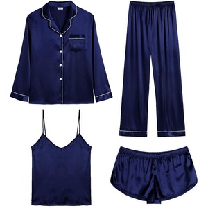 image:imageSWOMOG Womens 4pcs Pajamas Sets Silk Satin Pjs Sexy Cami Shorts Set Button Down Long Short Sleeve Sleepwear LoungewearDeep Navy Blue