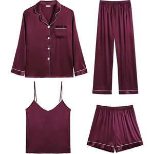 image:imageSWOMOG Womens 4pcs Pajamas Sets Silk Satin Pjs Sexy Cami Shorts Set Button Down Long Short Sleeve Sleepwear LoungewearDeep Wine Red