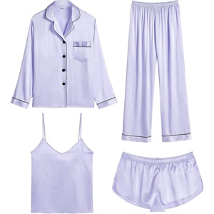 image:imageSWOMOG Womens 4pcs Pajamas Sets Silk Satin Pjs Sexy Cami Shorts Set Button Down Long Short Sleeve Sleepwear LoungewearLavender