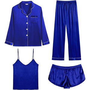 image:imageSWOMOG Womens 4pcs Pajamas Sets Silk Satin Pjs Sexy Cami Shorts Set Button Down Long Short Sleeve Sleepwear LoungewearLight Blue
