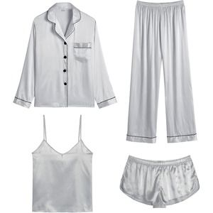 image:imageSWOMOG Womens 4pcs Pajamas Sets Silk Satin Pjs Sexy Cami Shorts Set Button Down Long Short Sleeve Sleepwear LoungewearLight Grey