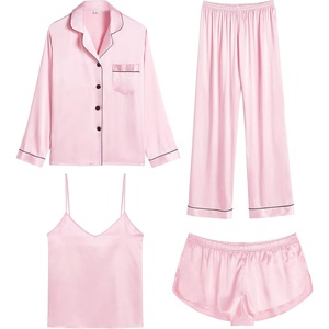 image:imageSWOMOG Womens 4pcs Pajamas Sets Silk Satin Pjs Sexy Cami Shorts Set Button Down Long Short Sleeve Sleepwear LoungewearLight Pink