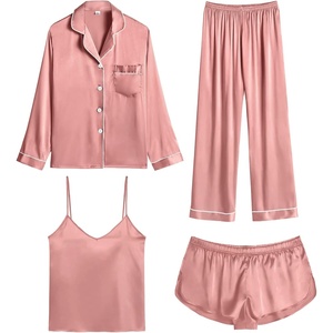 image:imageSWOMOG Womens 4pcs Pajamas Sets Silk Satin Pjs Sexy Cami Shorts Set Button Down Long Short Sleeve Sleepwear LoungewearMisty Rose