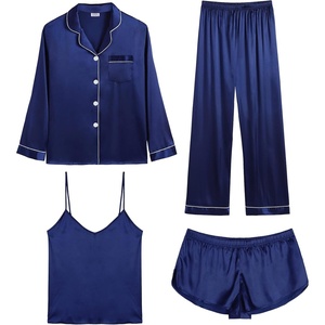 image:imageSWOMOG Womens 4pcs Pajamas Sets Silk Satin Pjs Sexy Cami Shorts Set Button Down Long Short Sleeve Sleepwear LoungewearNavy Blue