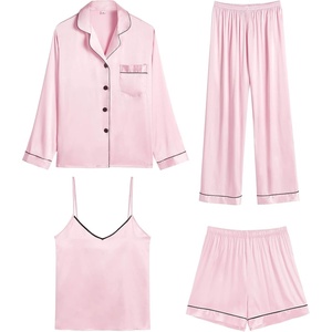 image:imageSWOMOG Womens 4pcs Pajamas Sets Silk Satin Pjs Sexy Cami Shorts Set Button Down Long Short Sleeve Sleepwear LoungewearPink