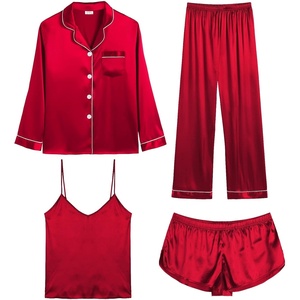 image:imageSWOMOG Womens 4pcs Pajamas Sets Silk Satin Pjs Sexy Cami Shorts Set Button Down Long Short Sleeve Sleepwear LoungewearRed