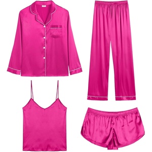 image:imageSWOMOG Womens 4pcs Pajamas Sets Silk Satin Pjs Sexy Cami Shorts Set Button Down Long Short Sleeve Sleepwear LoungewearRose Red