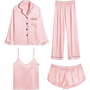 image:imageSWOMOG Womens 4pcs Pajamas Sets Silk Satin Pjs Sexy Cami Shorts Set Button Down Long Short Sleeve Sleepwear LoungewearSakura Pink
