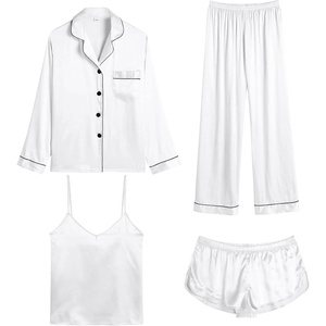 image:imageSWOMOG Womens 4pcs Pajamas Sets Silk Satin Pjs Sexy Cami Shorts Set Button Down Long Short Sleeve Sleepwear LoungewearWhite